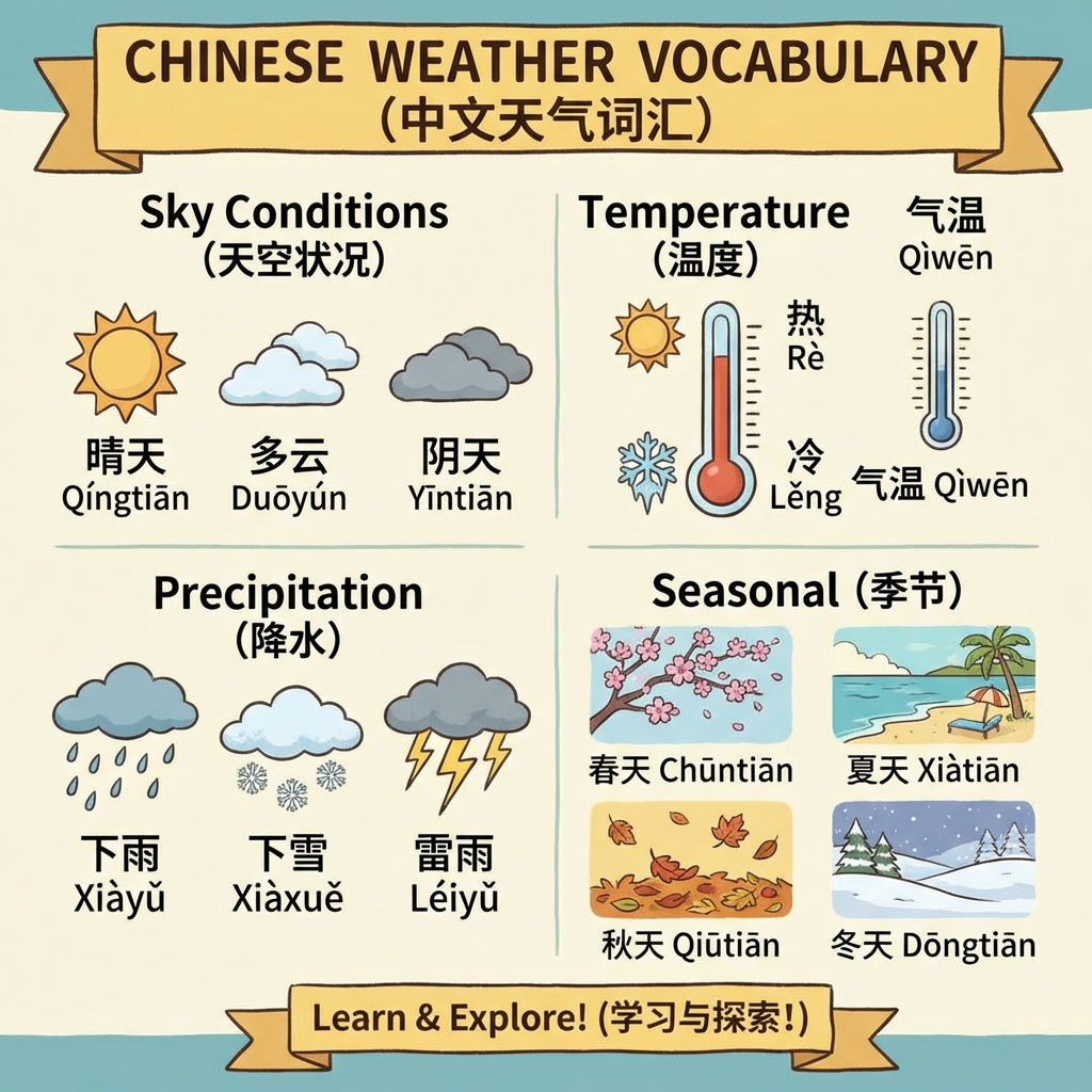Infographic of Chinese weather vocabulary including terms for sky conditions, temperature, precipitation, and seasons.