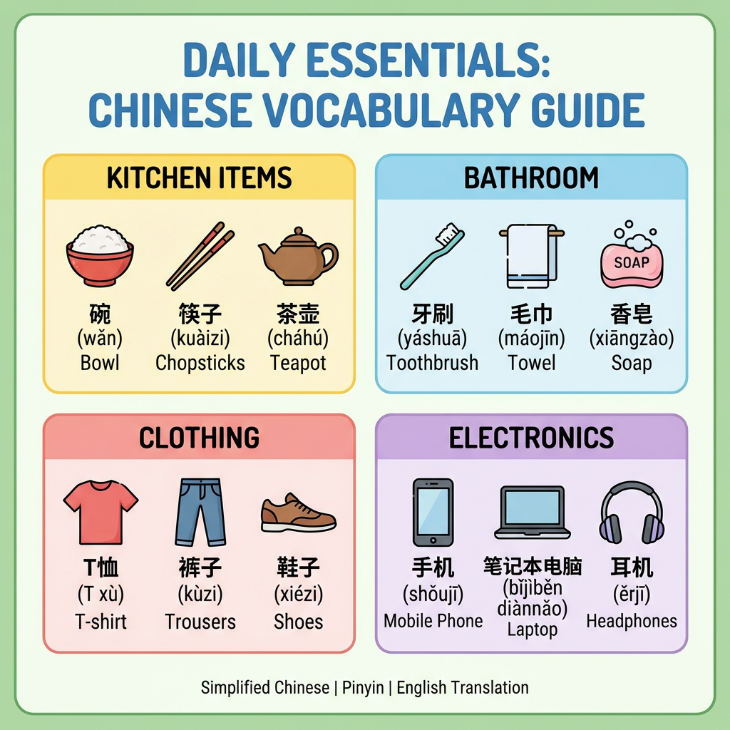 Daily Essentials: Chinese Vocabulary Guide. Kitchen Items: Bowl (wǎn) 碗, Chopsticks (kuàizi) 筷子, Teapot (cháhú) 茶壶. Bathroom: Toothbrush (yáshuā) 牙刷, Towel (máojīn) 毛巾, Soap (xiāngzào) 香皂. Clothing: T-shirt (T xù) T恤, Trousers (kùzi) 裤子, Shoes (xiézi) 鞋子. Electronics: Mobile Phone (shǒujī) 手机, Laptop (bǐjìběn diànnǎo) 笔记本电脑, Headphones (ěrjī) 耳机. Simplified Chinese, Pinyin, and English Translation.