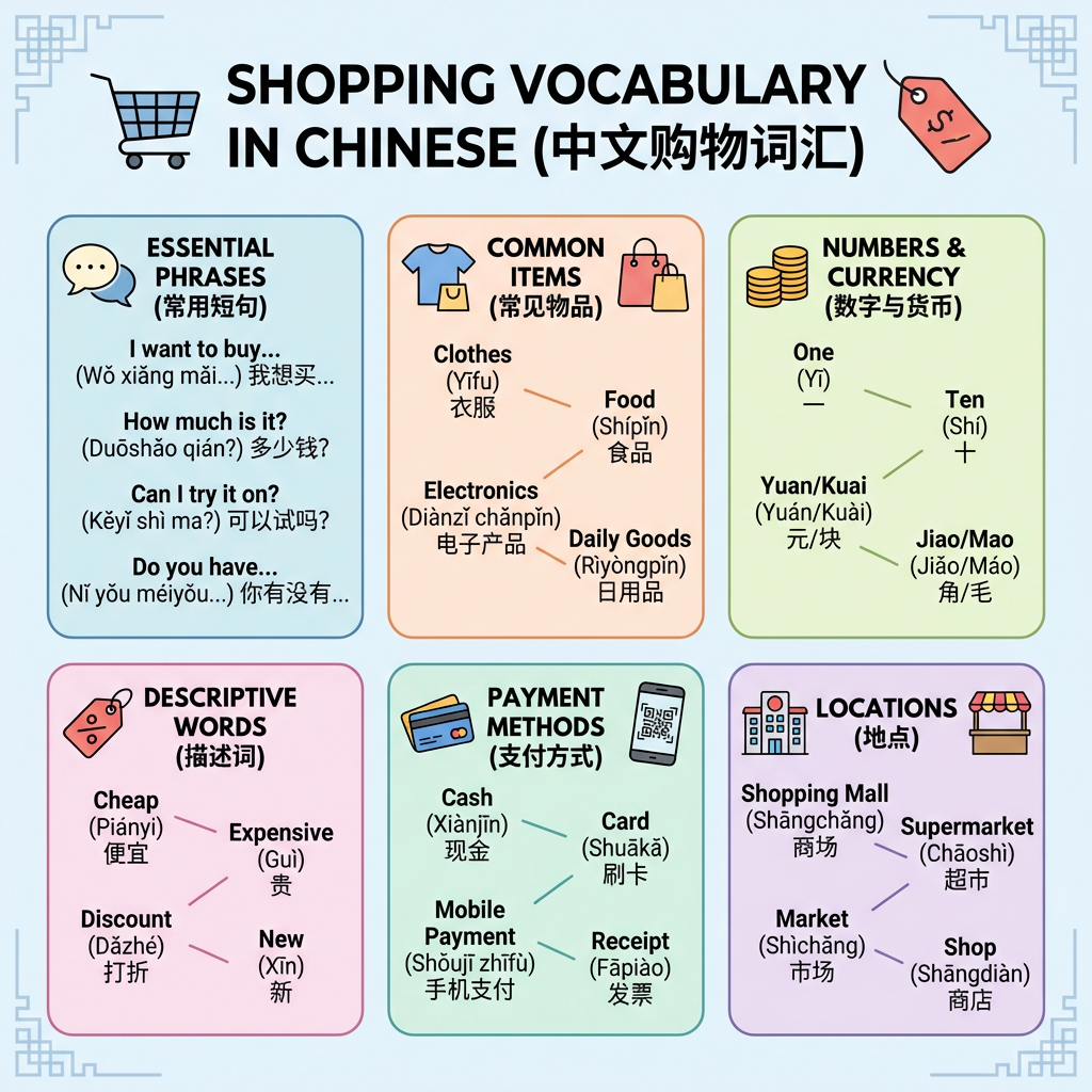 Infographic titled Shopping Vocabulary in Chinese (中文购物词汇). Essential Phrases: I want to buy... (Wǒ xiǎng mǎi...), How much is it? (Duōshǎo qián?), Can I try it on? (Kěyǐ shì ma?), Do you have... (Nǐ yǒu méiyǒu...). Common Items: Clothes (Yīfu), Food (Shípǐn), Electronics (Diànzǐ chǎnpǐn), Daily Goods (Rìyòngpǐn). Numbers & Currency: One (Yī), Ten (Shí), Yuan/Kuai (Yuán/Kuài), Jiao/Mao (Jiǎo/Máo). Descriptive Words: Cheap (Piányi), Expensive (Guì), Discount (Dǎzhé), New (Xīn). Payment Methods: Cash (Xiànjīn), Card (Shuākǎ), Mobile Payment (Shǒujī zhīfù), Receipt (Fāpiào). Locations: Shopping Mall (Shāngchǎng), Supermarket (Chāoshì), Market (Shìchǎng), Shop (Shāngdiàn).