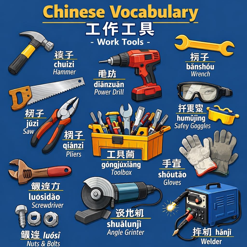 Chinese vocabulary with images and names of work tools including hammer, power drill, saw, pliers, wrench, safety goggles, gloves, screwdriver, nuts and bolts, angle grinder, toolbox, and welder.